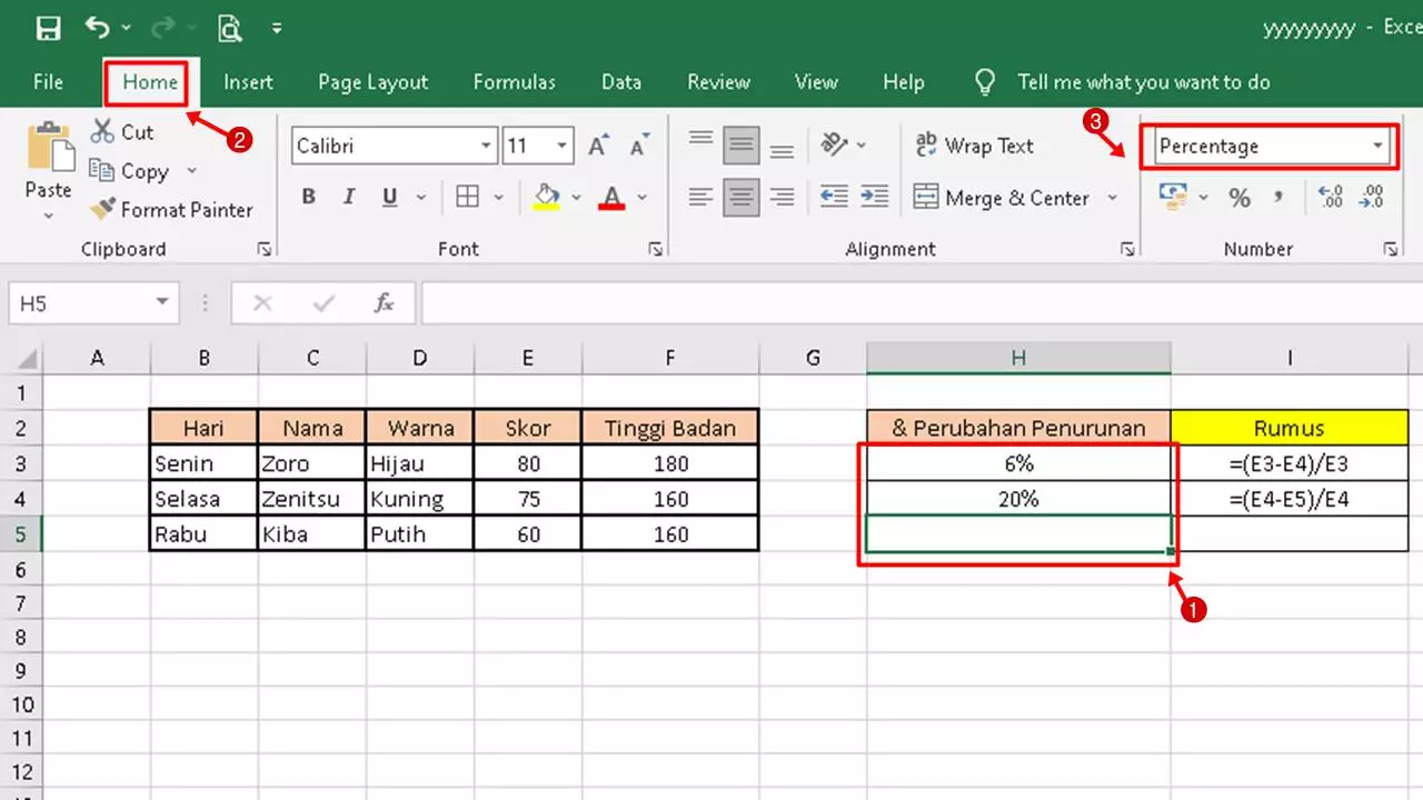 Cara Mencari Persentase Di Excel, Persentase Perubahan Penurunan