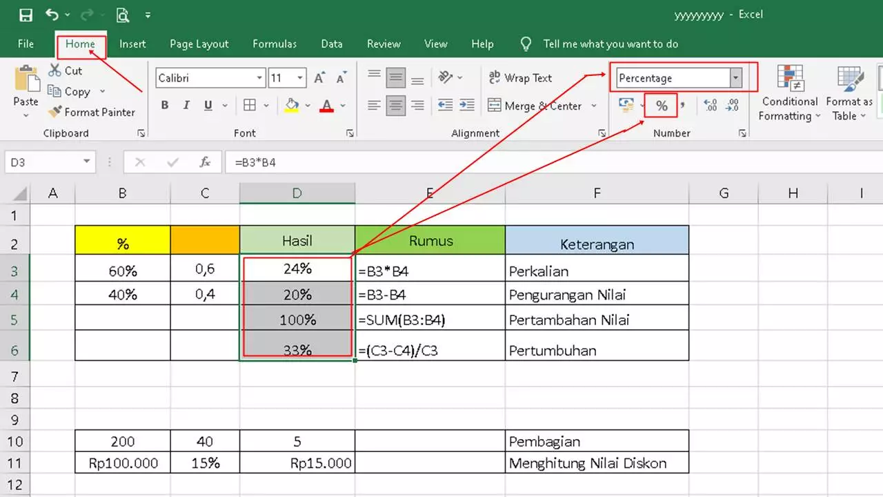Penjumlahan, Pengurangan, Perkalian dan Pembagian Persentase Excel