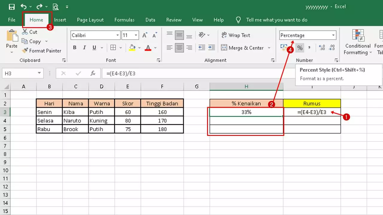 Persentase Perubahan Kenaikan Di Excel